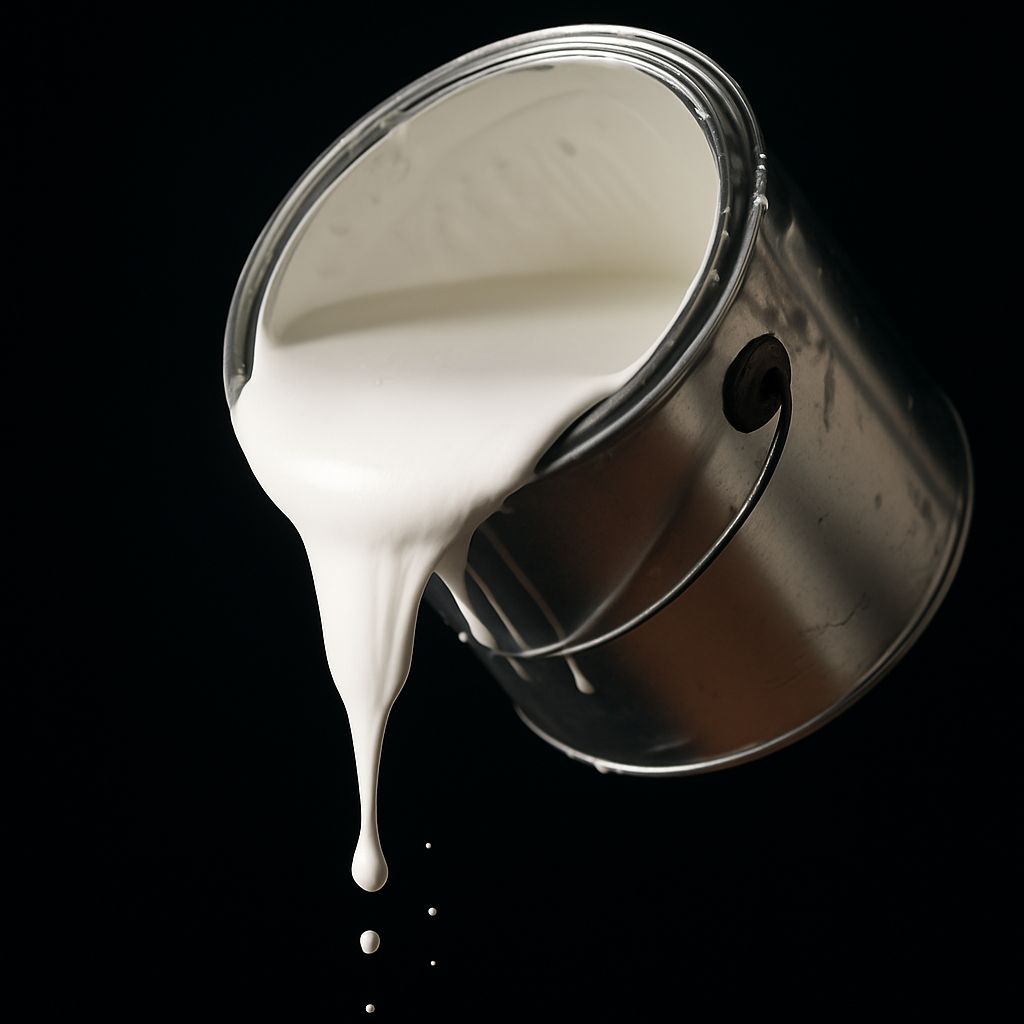 pouring white paint from metal bucket