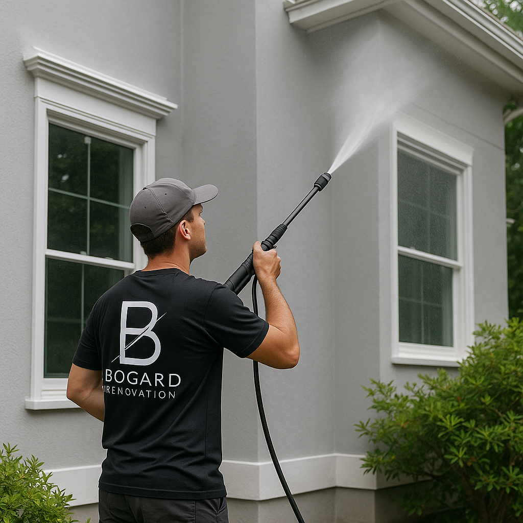 power washing a modern suburban home
