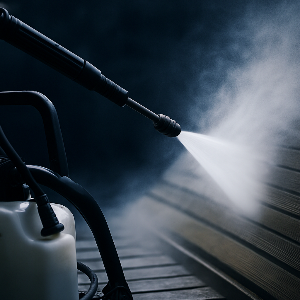 powerful water blast on wooden deck